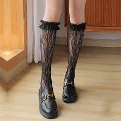 Sexy Women Stocking Lolita Uniform Thin Long Socks  Lace Mesh Fishnet Silk Stockings Love heart black Knee Sock Summer Underwear