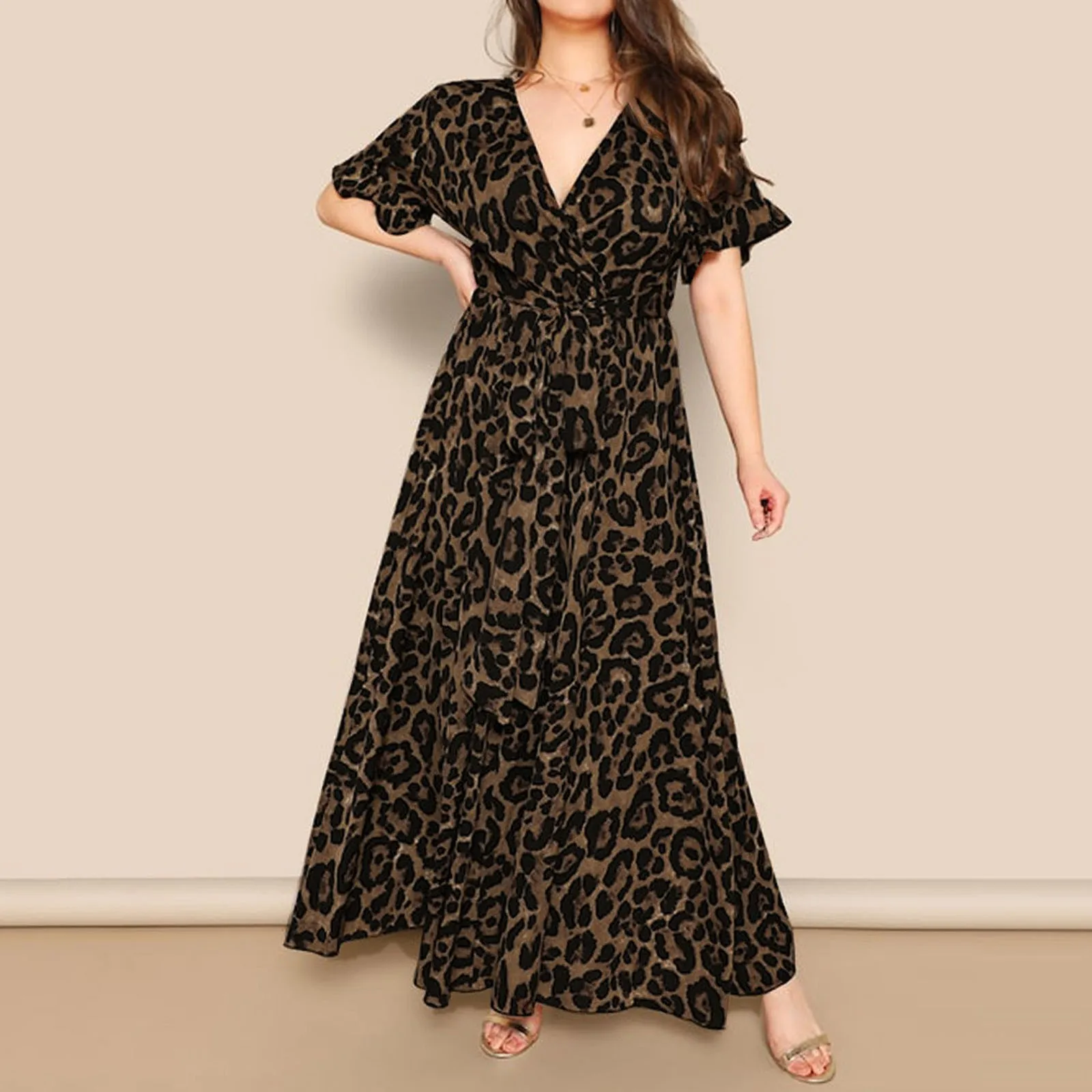 Vintage Ladies Leopard Dress Plus Size Wrap Deep V Neck Long Dress For ...