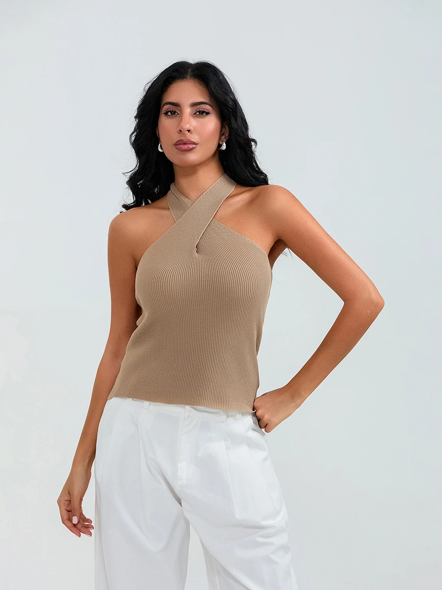 Women's Summer Knit Tank Tops Solid Color Sleeveless Cross Front Slim Sweater Vest Ladies Chic Camis Vest for Streetwear Y2K 00s photo