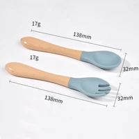 Food Grade Silicone Baby Utensils Wooden Handle Fork&Spoon For Children Eating Training Spoon For Complementary Food Tableware 2