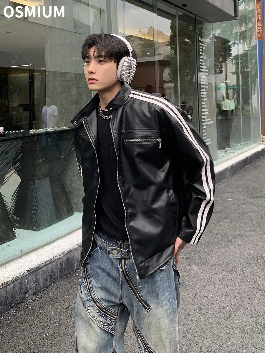 ジャケット・アウター RETRO FAKE LEATHER JACKET Men Retro Black Brown Striped Faux Leather Jacket Male High