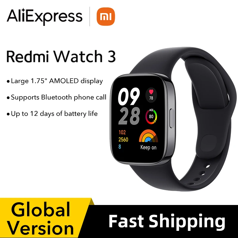 Xiaomi-reloj inteligente Redmi Watch 3, dispositivo con Bluetooth, versión  Global, disponible®Pantalla AMOLED de 1,75 , llamada telefónica grande,  5ATM - AliExpress