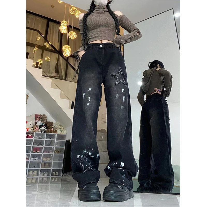 

American Retro Pentagram Splashed Ink Straight Tube Jeans For Women In Autumn Dopamine Wearing High Waisted Wide Leg Pants Women