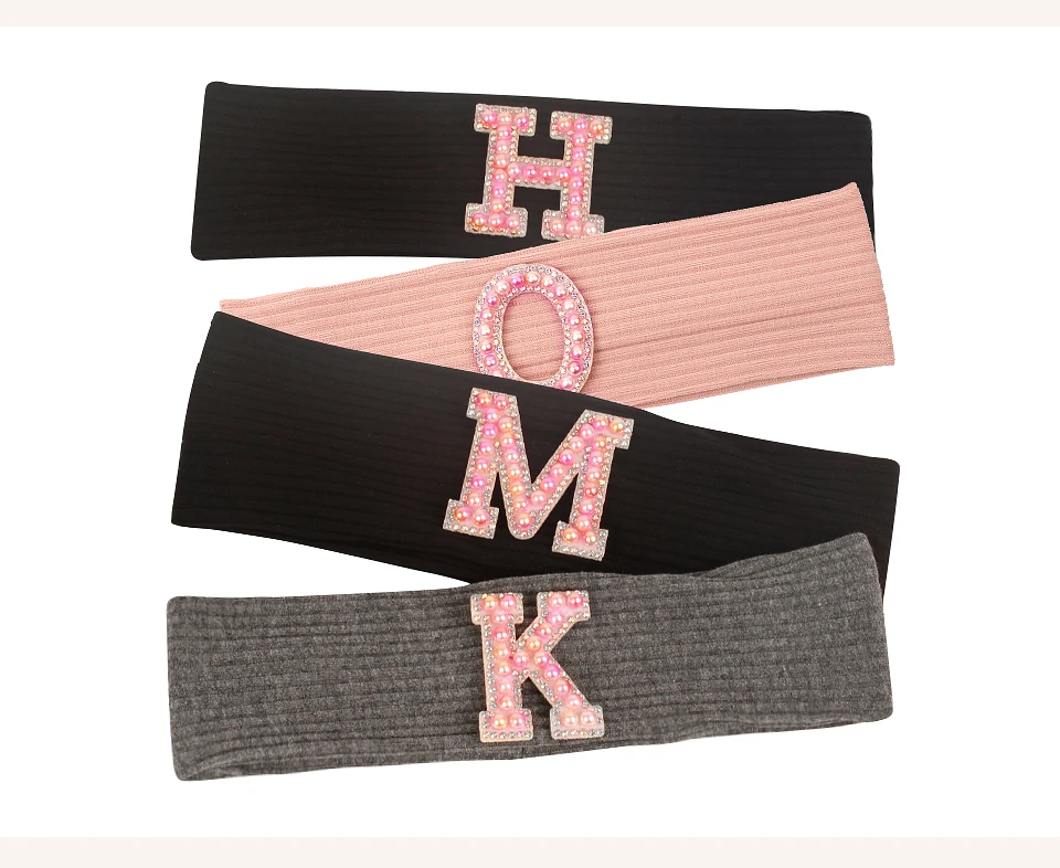 Baby Junge Mädchen rosa Perle Buchstaben Stirnband Haarschmuck neues Kind Kinder weiche gerippte Baumwolle elastische Kopf bedeckung Haarband – Detail 8