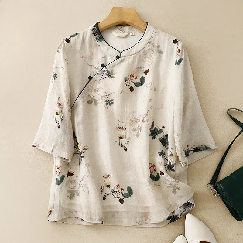 

Винтажные женские рубашки, летние блузки в китайском стиле с принтом, свободные женские топы с коротким рукавом, хлопковая льняная одежда