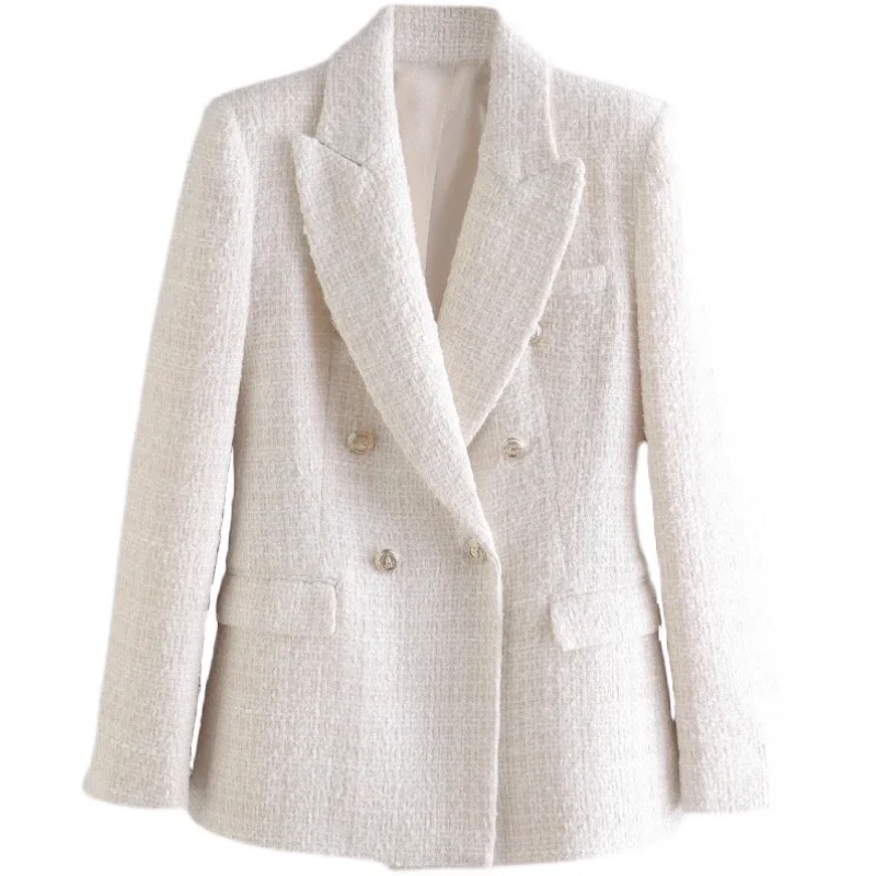 

coats Women Fashion Tweed Double Breasted Blazer Coat Vintage Long Sleeve Flap Pockets Female Outerwear Chic Veste Femme