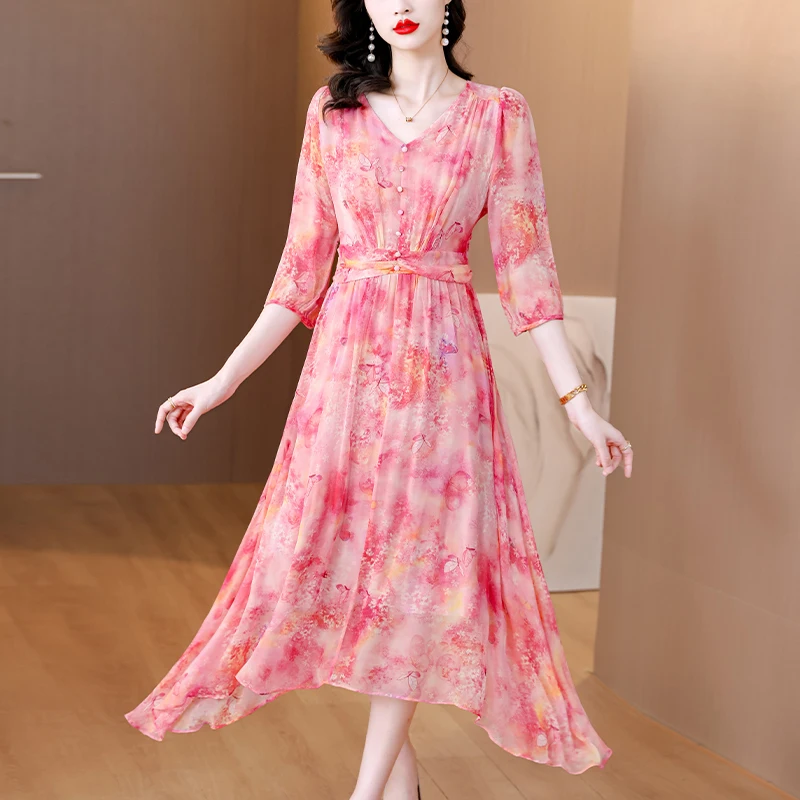 

Платье ZUO мужское шелковое до колен, свободное приталенное платье розового цвета с цветочным принтом и V-образным вырезом, пляжная одежда В курортном стиле, большие размеры, лето 2023