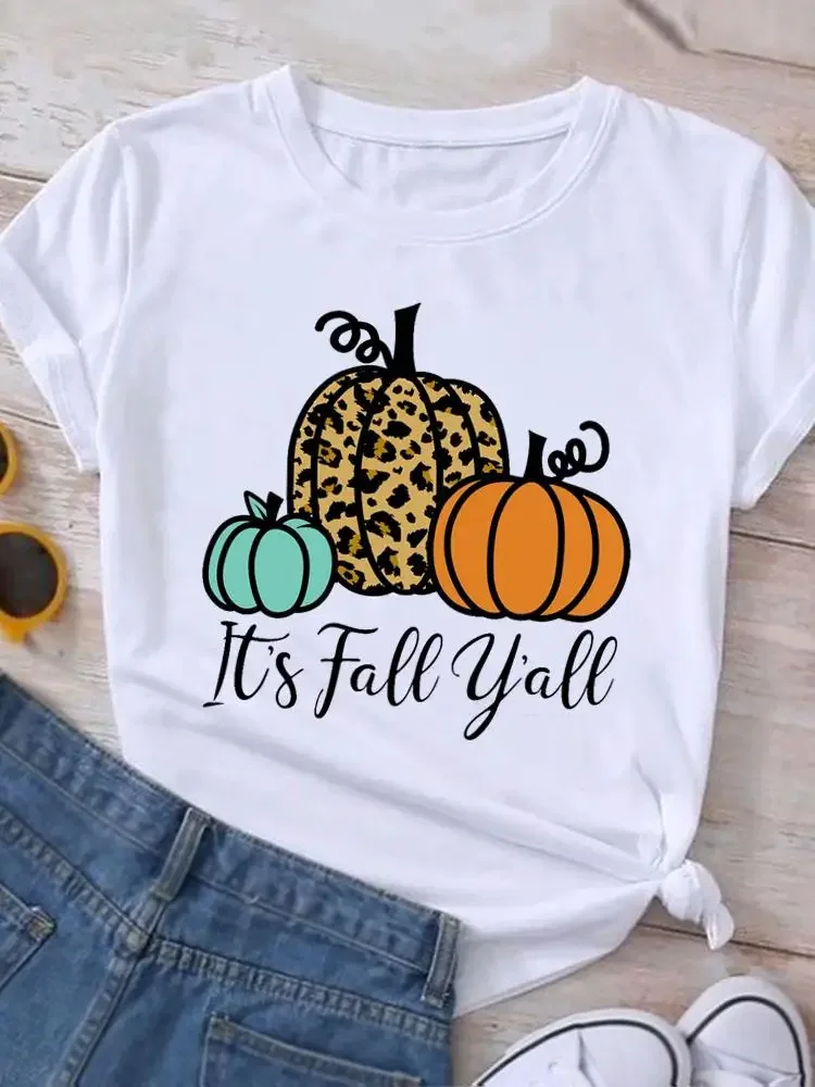 

Футболка женская с принтом леопарда и тыквы, топ с графическим рисунком на Хэллоуин, День благодарения, осень/осень