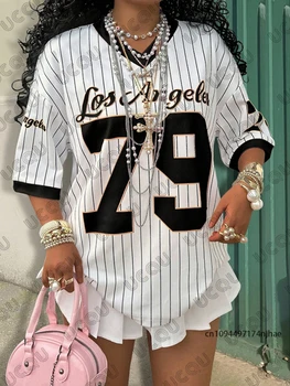 Summer New Los Angeles 79 Print Stripe T-shirt For Women V-Neck Short Sleeve Tees Sports Football Jersey Y2K Loose Oversized Top 1