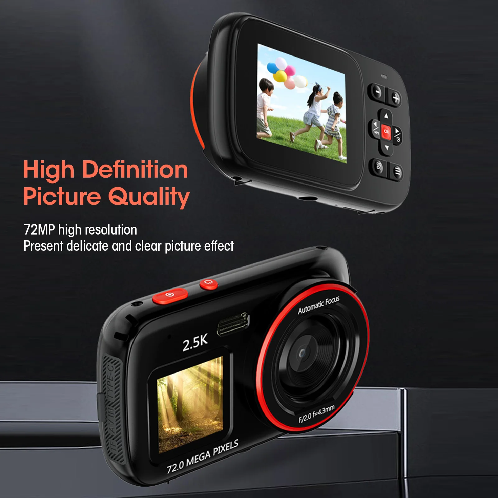 Digital Camera with Anti-Shake, Light Sensitivity, and Autofocus - 72MP, 2.5K Resolution, 16X Zoom, 750mAh Battery
