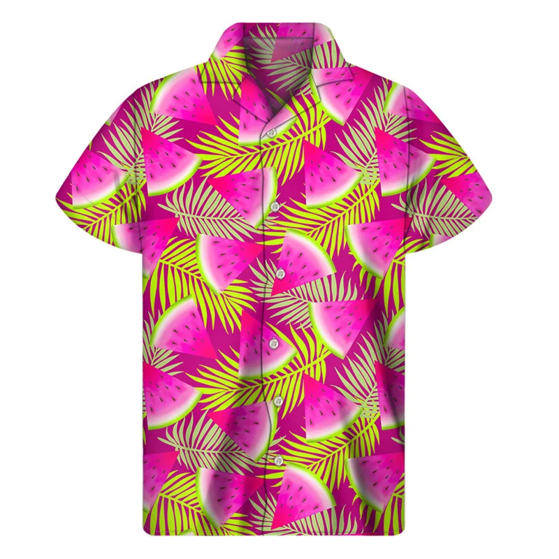 Camisa hawaiana con estampado de sandía colorida, blusas de verano de manga corta con botones y estampado 3D de frutas, ropa para hombre, blusa con solapa