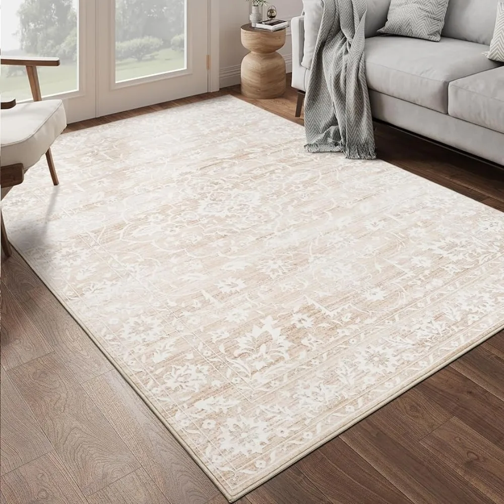 

8x10 Area Rugs for Living Room,Stain Resistant Washable Rugs for Dining Room,Floral Vintage Non-Slip Area Rug Beige Cream,8'x10'