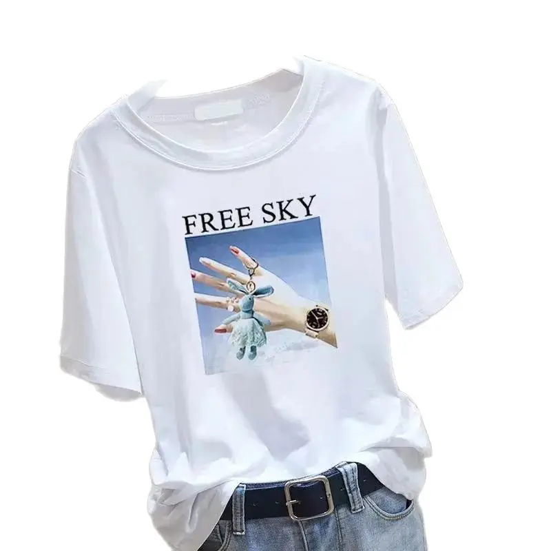 

High-quality Cotton] Texture Printing Short-sleeved T-shirt Women's 2023Summer New Loose Casual Half-sleeve Women's Blouse Tide