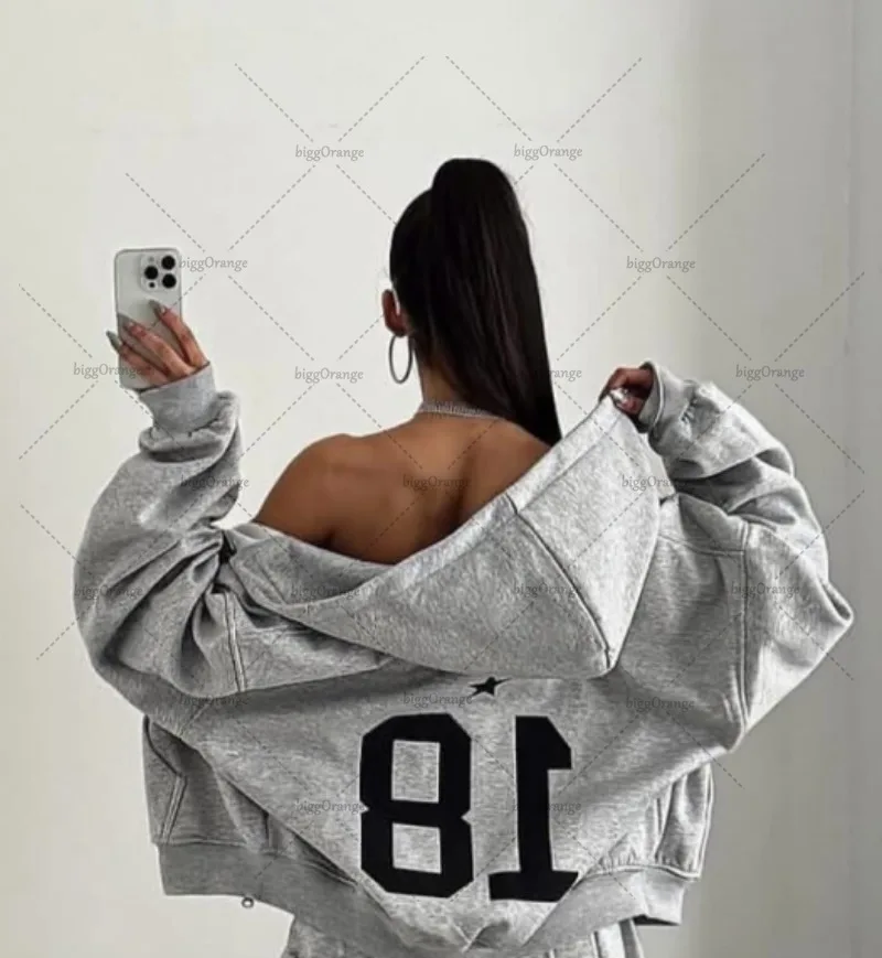 High Street American Retro Streetwear Women's Suit Two-piece Set Trendy Harajuku Zipper Hoodie Casual Splicing Grey Sweatpants 4
