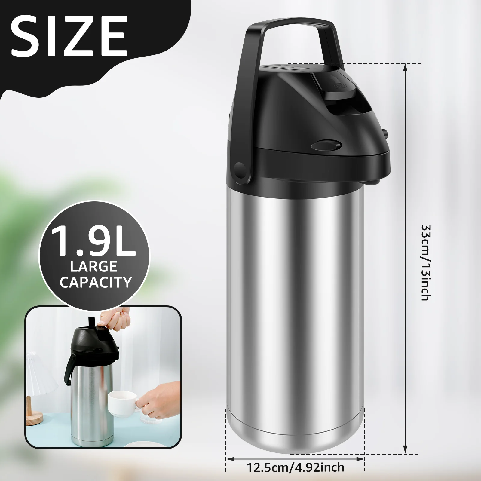 64oz/1.9L Coffee Carafe Push Type Thermos Kettle Stainless Steel Hot Coffee Pot Leak-proof Thermal Water Bottles for Home Travel