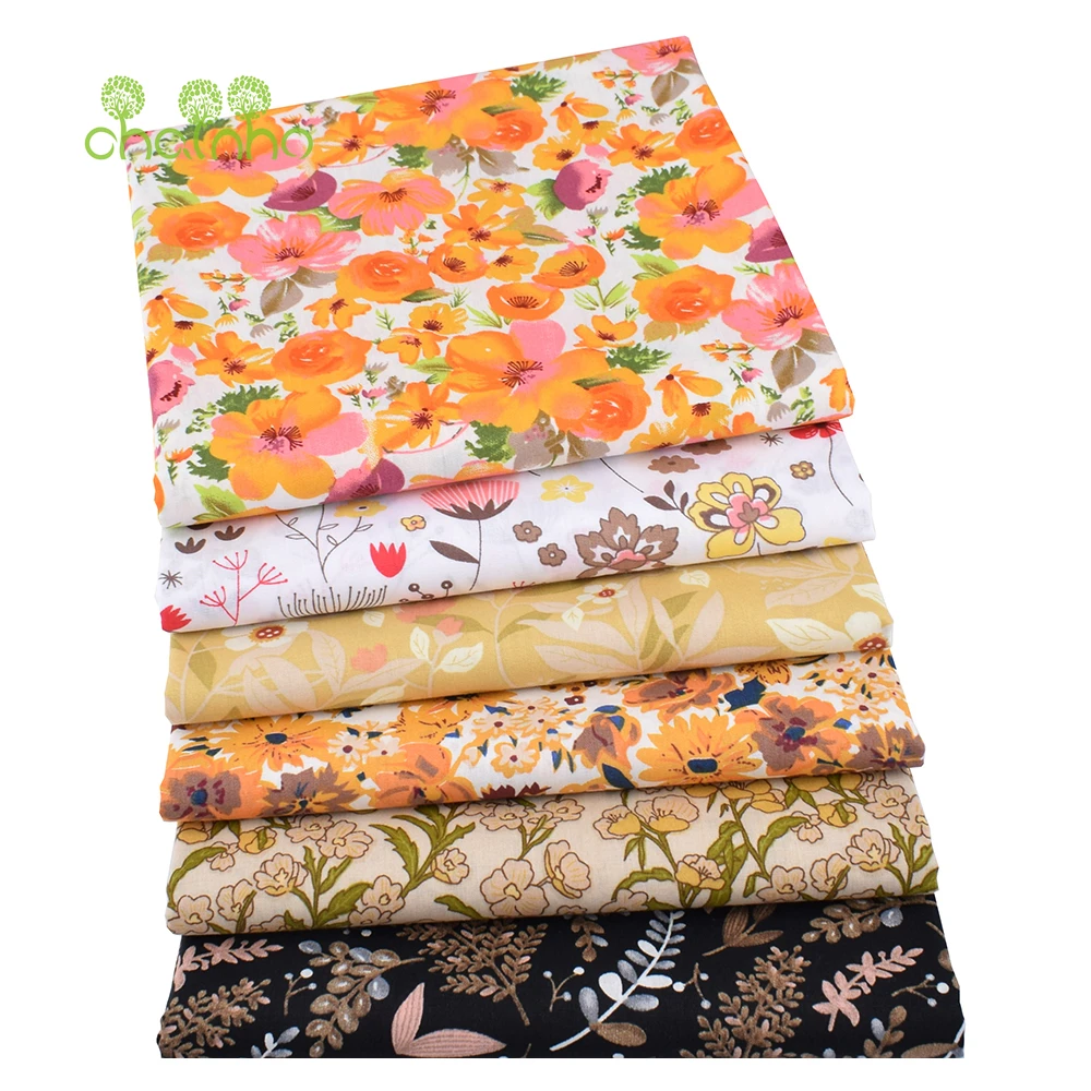 Chainho,Printed Plain Weave Poplin Cotton Fabric,Patchwork Cloth,DIY Quilting Sewing Material,Floral Series,3Sizes,15PC25