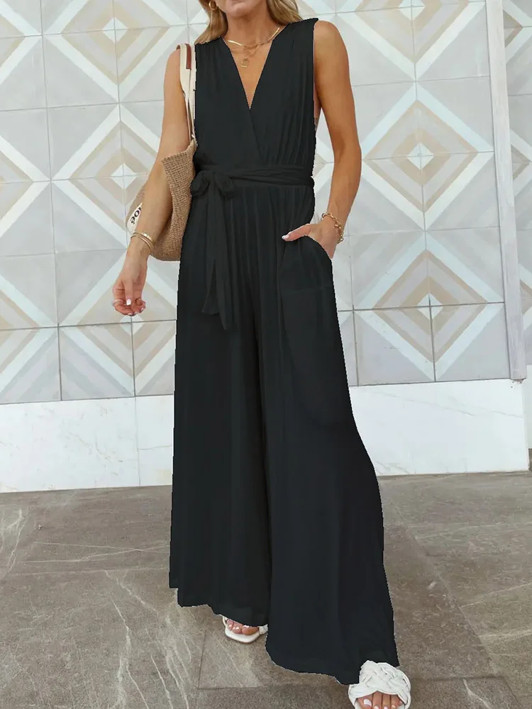 

Summer Women Pocket Solid Sleeveless Deep V-Neck Loose Jumpsuits Loungewear Lace-Up Backless Simple Ladies Bodysuits Streetwear