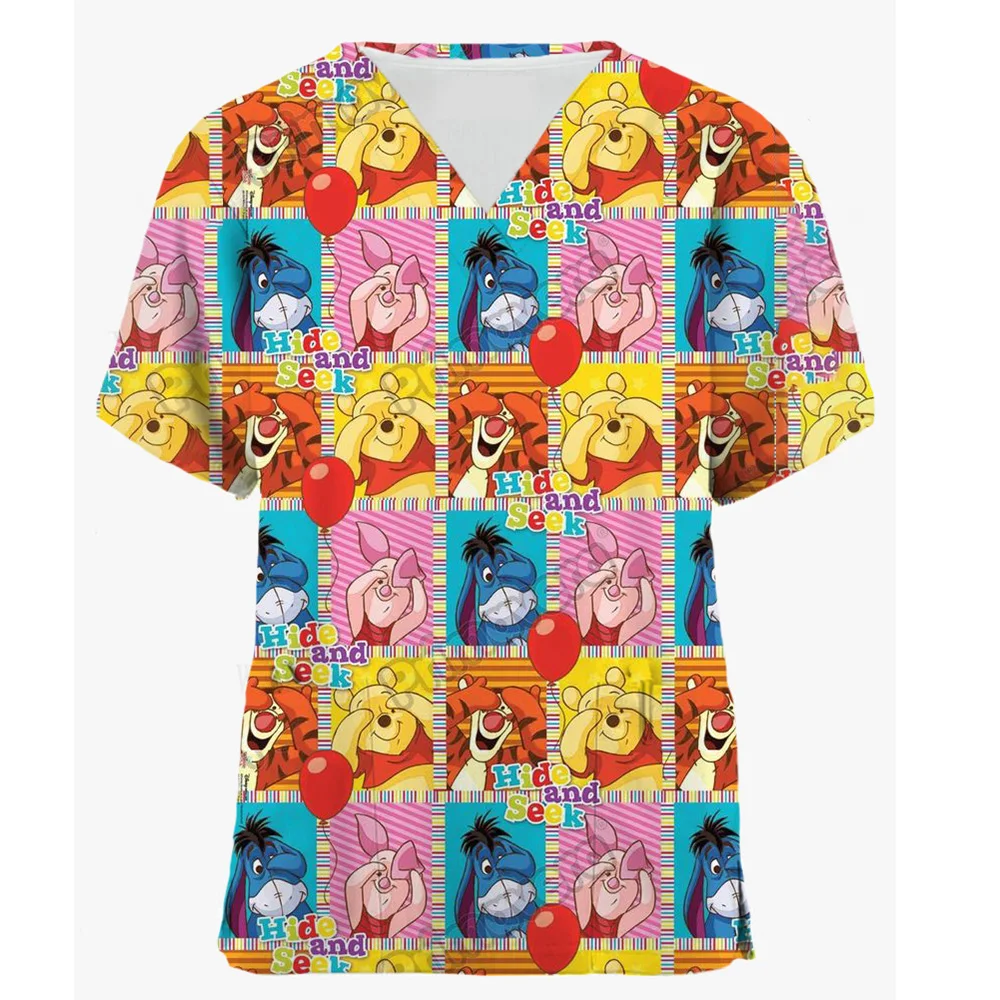 thumbnail image 1 of 2024 Blusas de uniforme médico para el día de Pascua para mujer, blusa con cuello en V de Disney Winnie the Pooh, camisetas de trabajo para enfermeras, blusa con bolsillos, 1 of 4