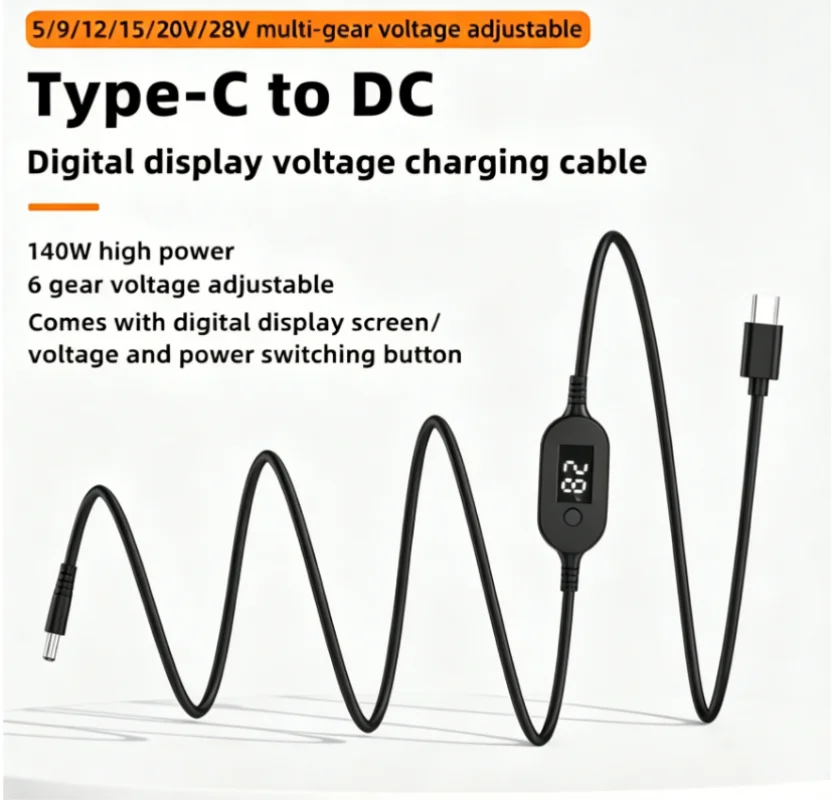 Adjustable Voltage USB-C to DC Power Cable - 140W Adapter Connector