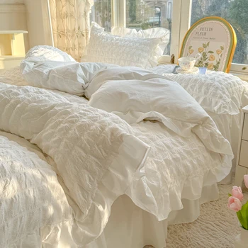 Parure de lit en dentelle à volants, Style princesse coréenne, housse de couette en Seersucker douce pour la peau, drap ou jupe de lit, taies d'oreiller 1