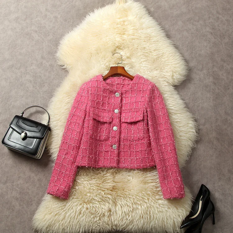 

European and American women's dress 2023 winter new Round neck Long sleeve single breasted bright silk fashion The tweed jacket