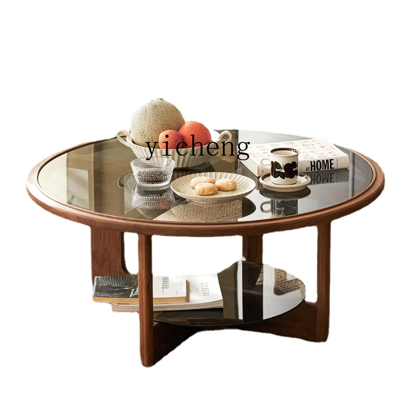 

Zk Black Walnut Solid Wood Glass round Tea Table Living Room Home Tea Table Small Apartment