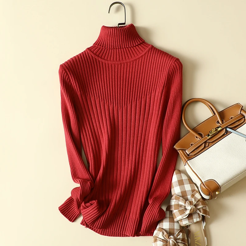 

Turtleneck Solid Knitted Women Sweater Pullovers Winter Elastic All Match Elegant Office Lady Pulls Top Quality