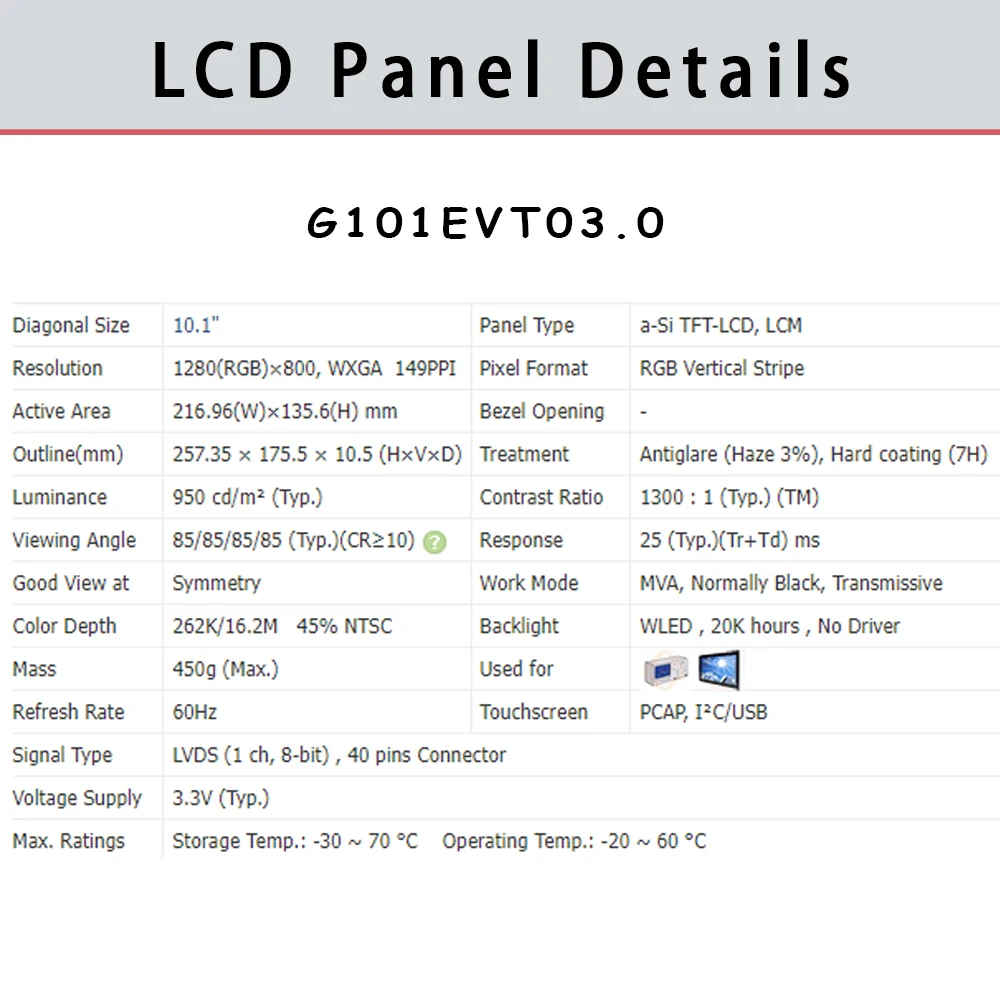 AUO G101EVT03.0 용 LCD 스크린 디스플레이 패널, 터치 스크린, 1280x800, 10.1 인치, 오리지널 LCD 디스플레이 패널 포함