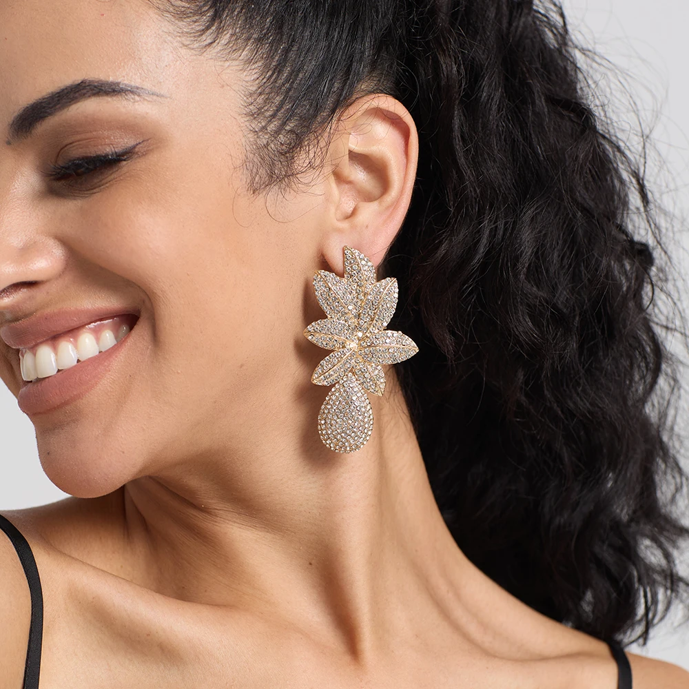 DEEPATIENCE Long Metal Flower Drop Earrings Fully Studded With Crystals High-Quality Rhinestone Jewelry Accessories For Women dangle earrings,crystal earrings