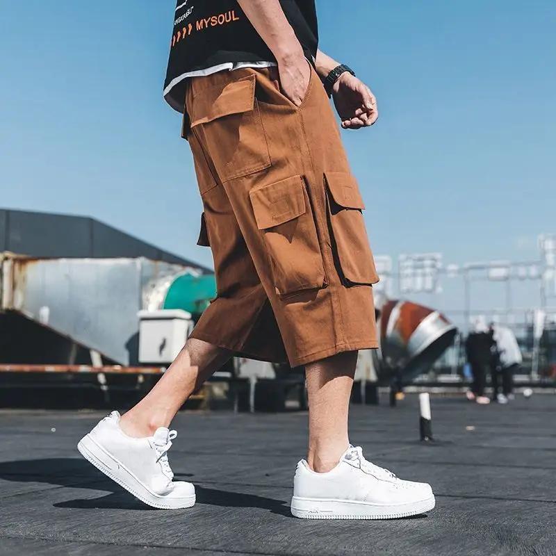 Summer Workwear Shorts Men's Loose Thin Capris Casual Shorts Pants Large Capris Multi Pocket Drawstring Cargo Shorts Male