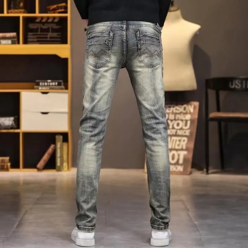 Fashion Autumn Winter Denim Men Do Old Retro 2022 Slim Elastic Brand Small Straight Long Pants Punk Distressed Streetwear Jeans