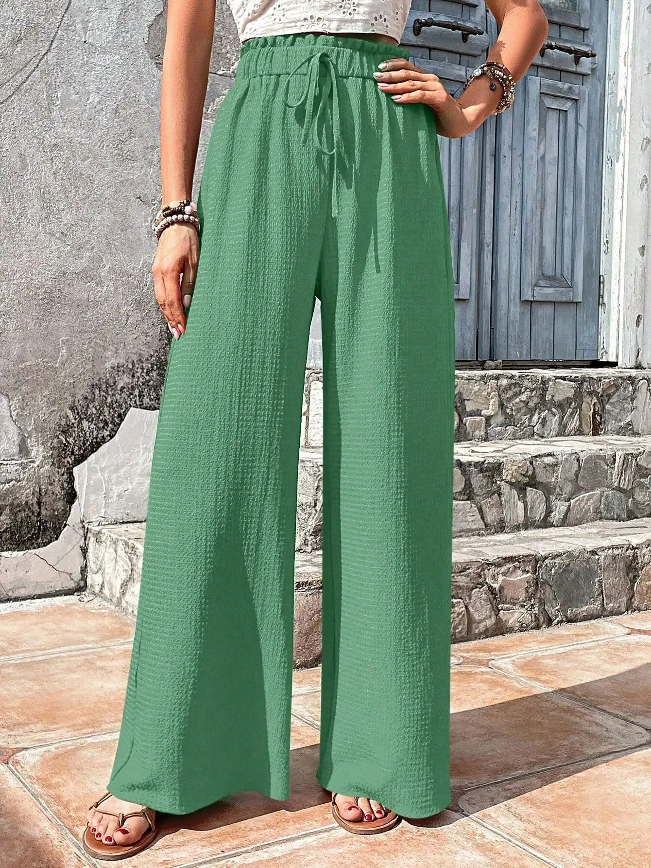Women's 2024 Spring and Summer New Fashion Everything with Bubble Lattice Leisure Wide Leg Pants