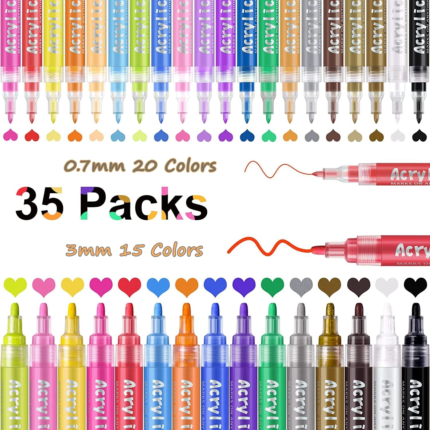 

35 Colors Acrylic Paint Marker Pens,Extra Fine/Medium Tip,Paint Art Markers Set for Rock, Wood, Metal, Plastic, Canvas, Ceramic