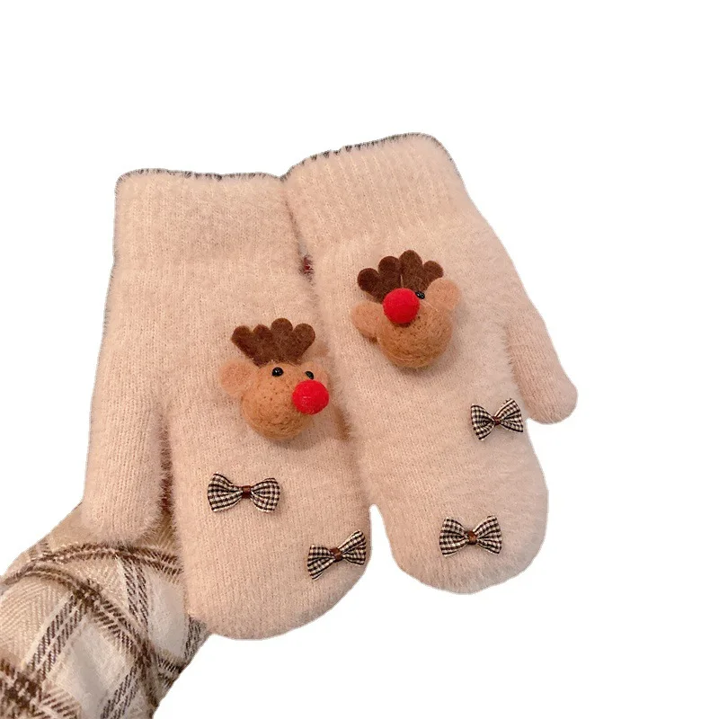 Hot Sale Winter Gloves Woman Christmas Elk Bowknot Women's Gloves High Elastic Wool Knit Outdoor Riding Keep Warm Mittens