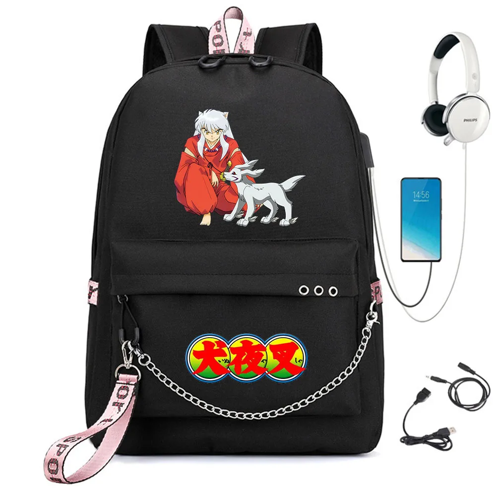 Anime Inuyasha Backpack Usb Charging Headphone Teenagers Student Zip Cartoon Unisex Schoolbag Travel Laptop Bag Nylon Rucksack