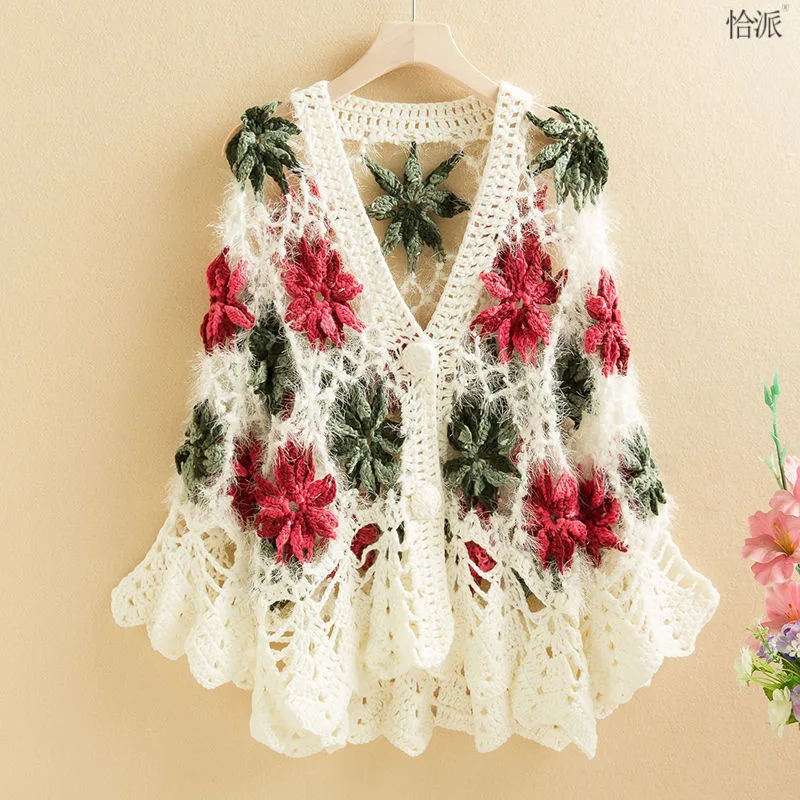 Three-dimensional Flower Hollow-out Crochet Cardigan Women's Spring and Autumn All-match Sweater plus size Jacket