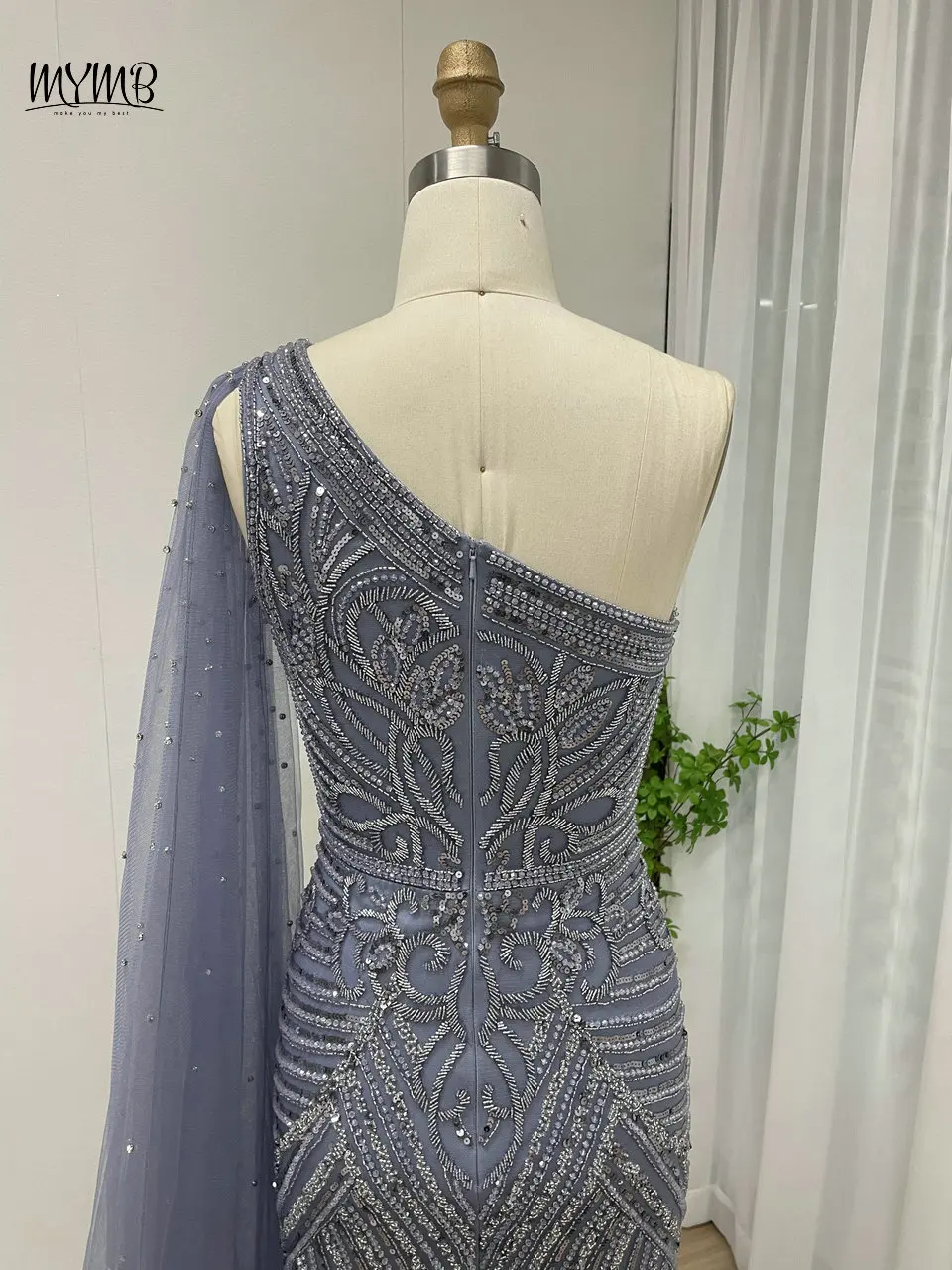 Mymb funkelnde Perlen Meerjungfrau High Split blau arabische Abendkleider Dubai Luxus One Shoulder Hochzeits feier Kleid mit Umhang Ärmel – Detail 7