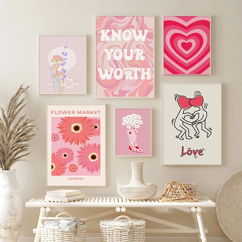 

Картина на холсте Датская пастели, красочная Настенная картина в стиле бохо, модный розовый постер, принты в виде сердца, картины в стиле общежития, корневая пробка