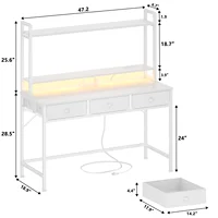 Satifur Computer Desk With Power Outlets & Led Light, 47 Inch Home Office Desk With 3 Drawers And Storage Shelves, Writing 2