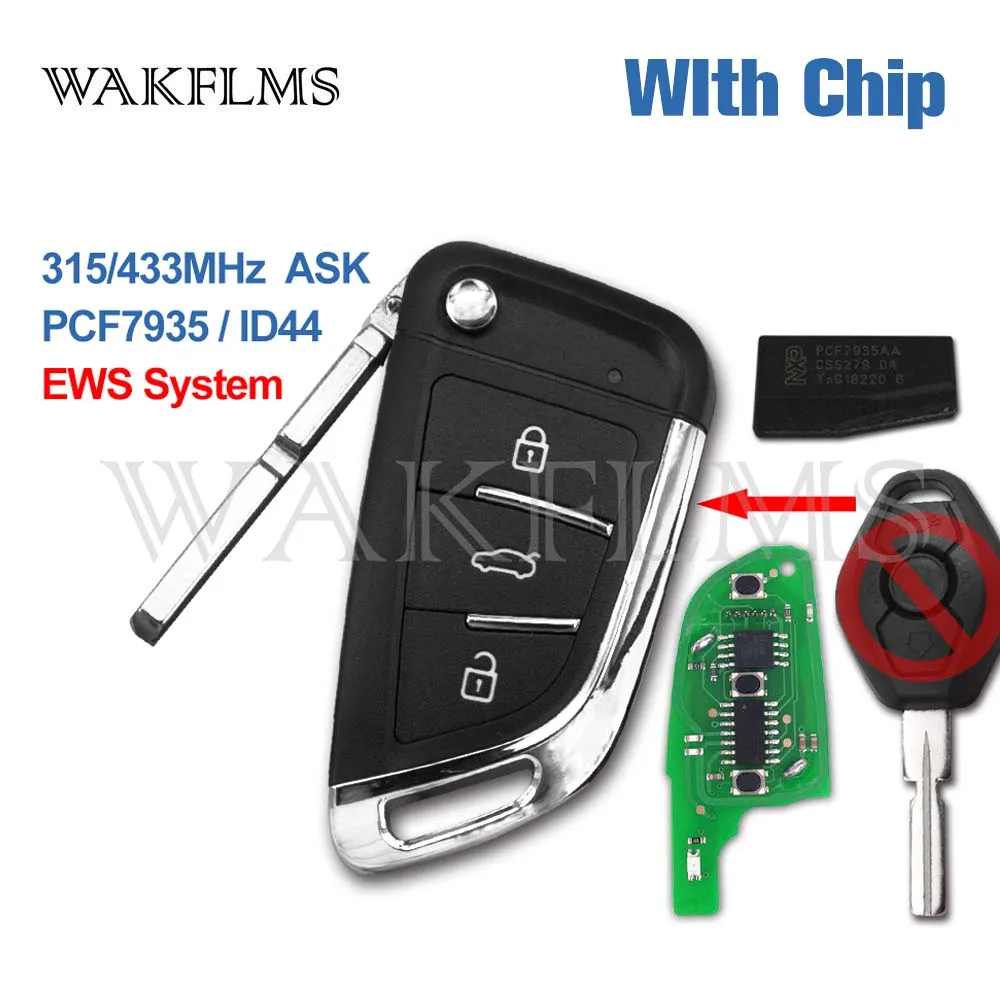 FLYPIG New Uncut Chip Chip ID44 315MHz 433MHz Keyless Entry Remote Control Car Key Replacement for BMW Z4 X 3 X5 E46 Series 3 5 7 Z3 Include Electronic,Battery and Chip