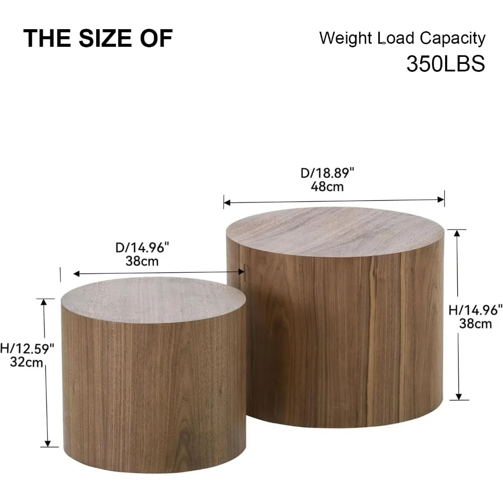 Nesting Coffee Table Set of 2, Modern Round Coffee Table with Non-Slip Feet, Walnut Wooden Circle Accent Tables for Small Spaces 2