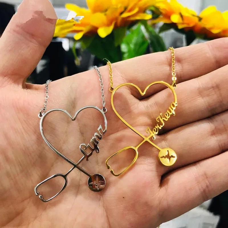 

Personalized Custom Stethoscope Name Necklace for Women Stainless Steel Heartbeat Pendant Choker O Chain Jewelry Gift