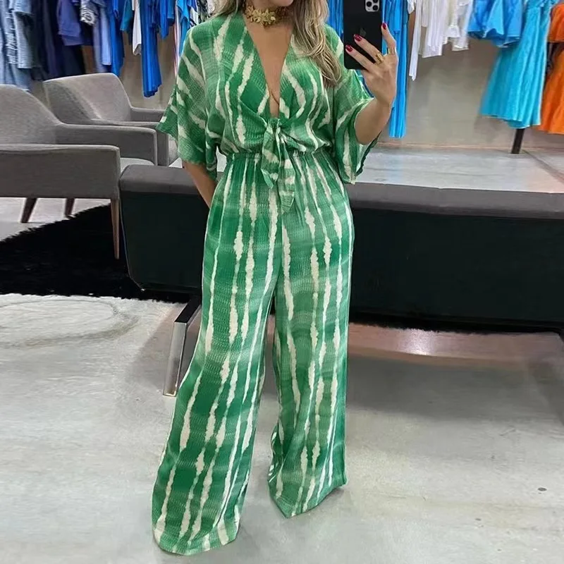 Printing Jumpsuit Romper For Women Fashion Dolman Sleeves V Neck Lace Up High Waist Loose Wide Legs Jumpsuits Playsuit Overalls