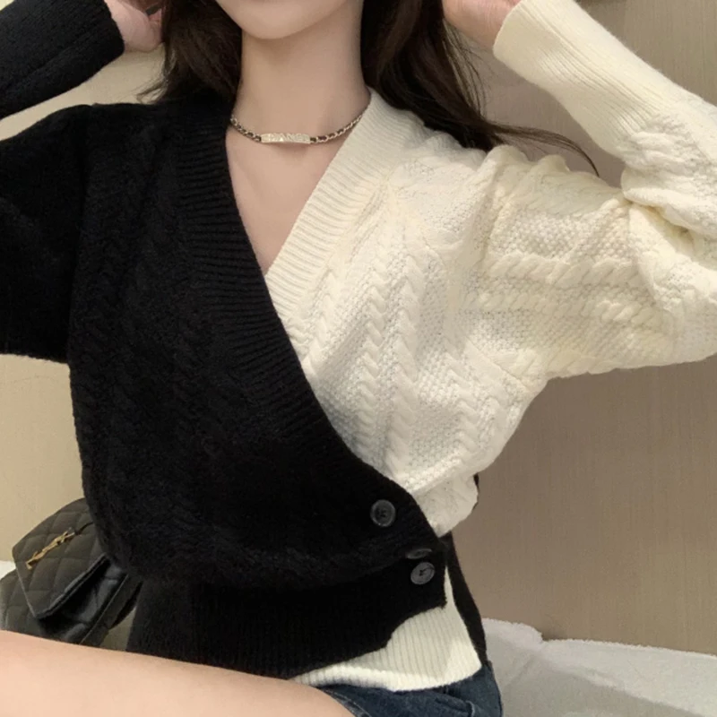 

Chic V-Neck Cross Sweaters Women Sexy Contrasting Colors Knitted Long Sleeve Top Autumn Female Lazy Style Cardigan Sweater