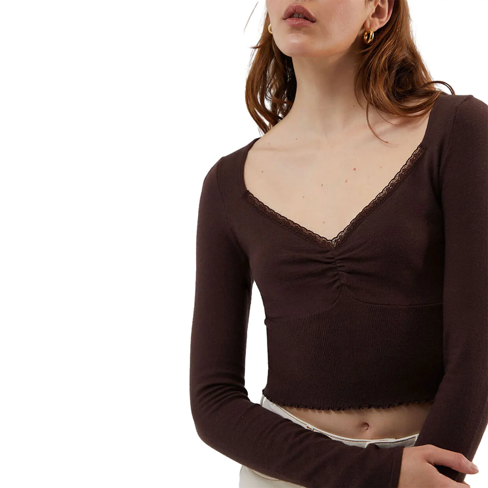 

Women Casual Early Autumn Slim Fitting T-shirt Long Sleeve V Neck Lace Patchwork Ladies Crop Top Streetwear for Casual