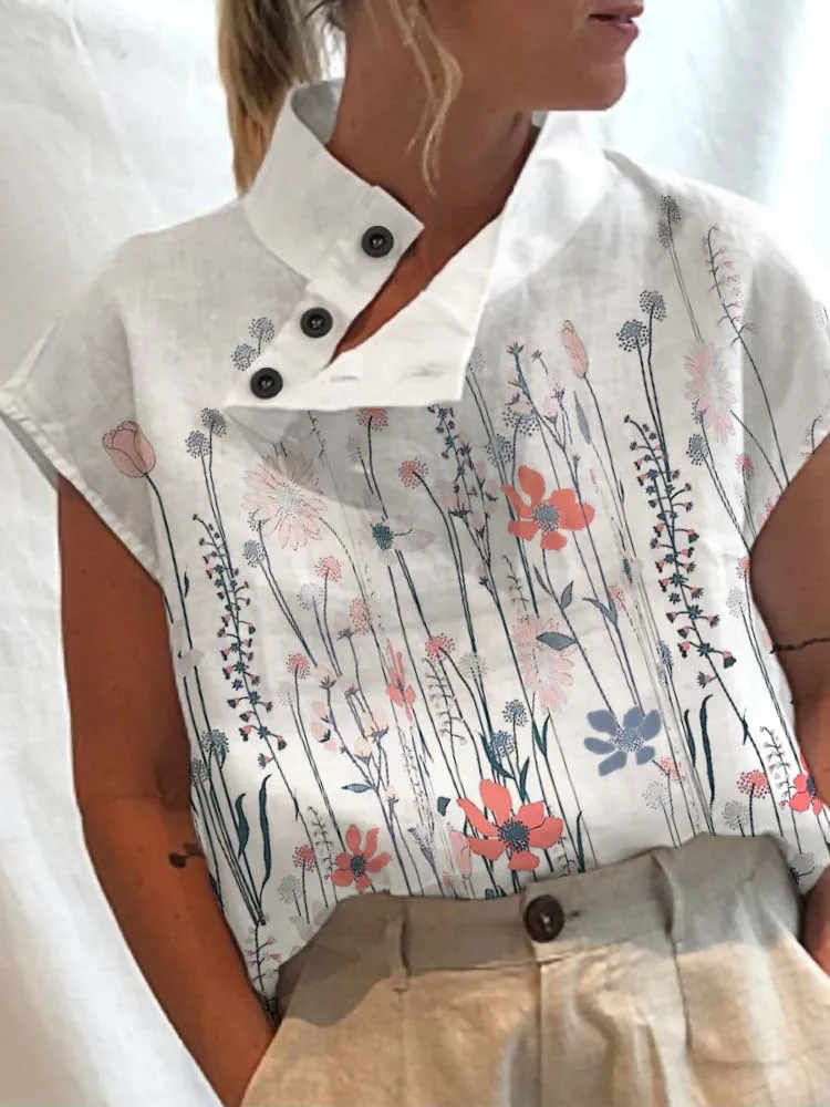 

Women Summer Top Stand Collar Flower Print Button Decoration Oblique Neck Short Sleeves Daily Wear Casual Plus Size Mid Length L
