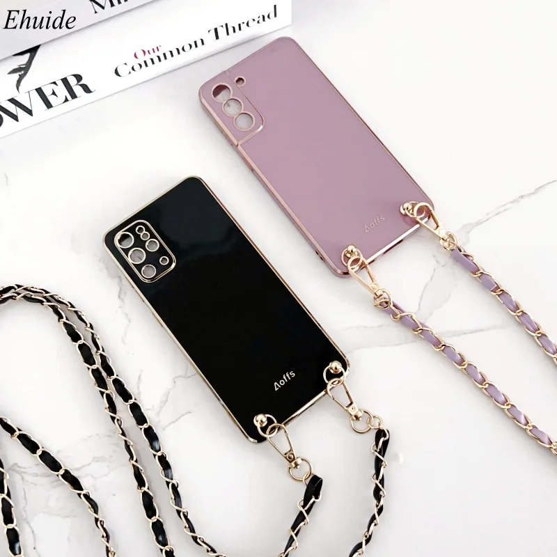 Plating Metal PU Leather Crossbody Lanyard Strap Case