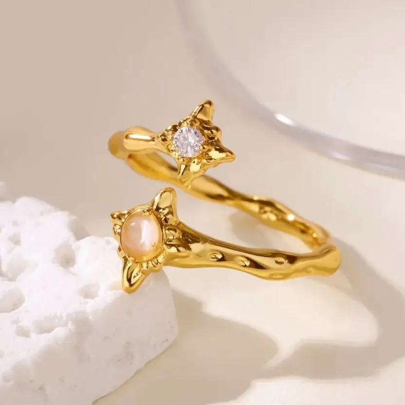 Zircon Flower Rings Gold Color Double Adjustable Stainless Steel Ring For Women