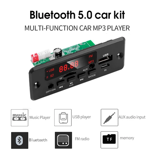 핸즈프리 앰프 MP3 디코더 보드, DC 12V, 블루투스 V5.0, 자동차 MP3 플레이어, USB 녹음 모듈, FM AUX 라디오, 50W 3