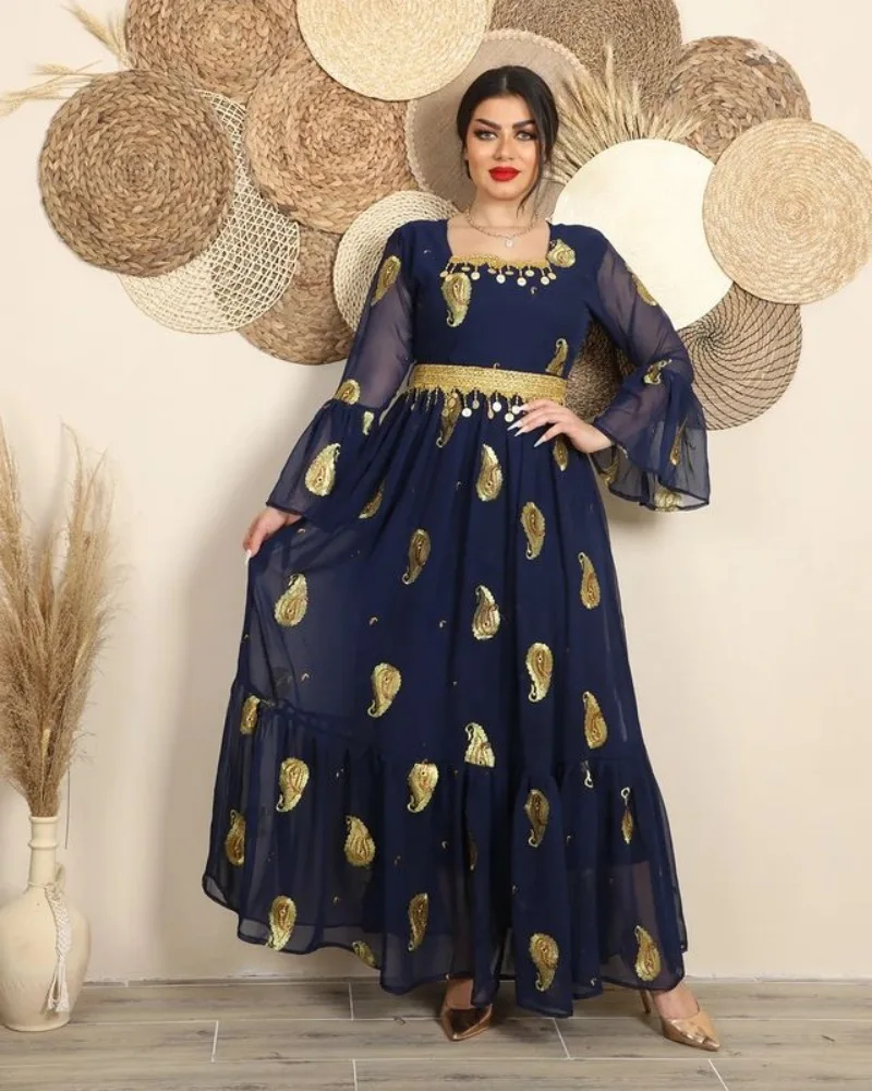 Muslim Middle East Evening Dress Gold Embroidery Dubai Abaya Robe Vestidos De Noche Long Sleeves Vintage Arabic Gowns